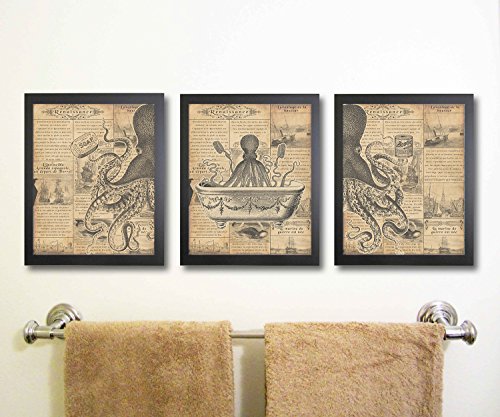 Awesome Vintage Sepia Brown Kraken Octopus Squid Nautical Modern Restroom Bathroom Wall Art Print Decor Bath Paintings