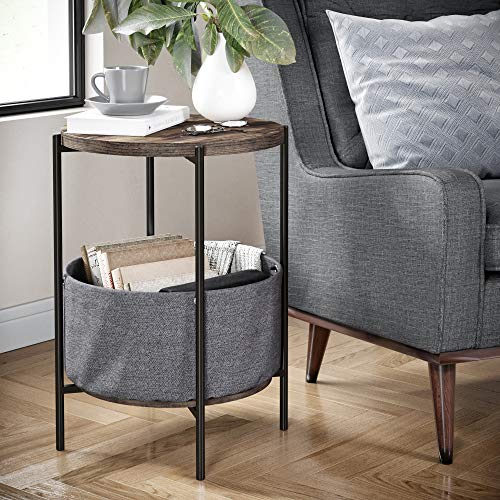 Book Cover Nathan James Oraa Round Wood Nightstand, Bedside, End or Side Table with Storage, Metal Frame with Gray Fabric Basket, Nutmeg Brown/Black