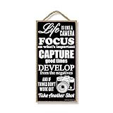 Honey Dew Gifts Life is Like a Camera 5 inch by 10 inch Hanging Decor, Inspirational Wall Art, Decorative Wood Sign Home Decor, 75537