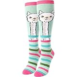 HAPPYPOP Llama Socks for Women Girls Cute Striped Over the Calf Knee High Alpaca Socks, Novelty Llama Gift
