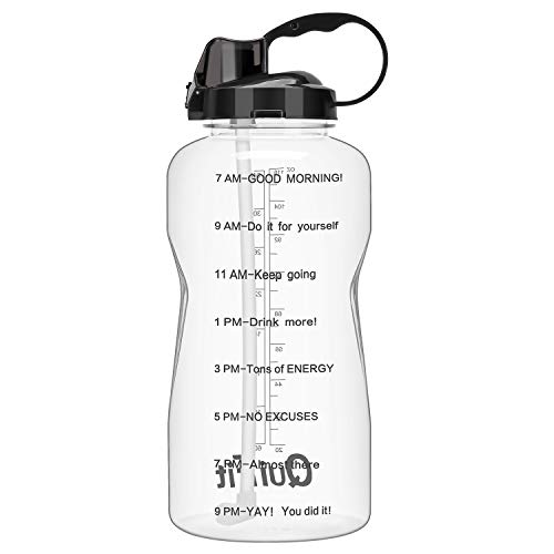 QuiFit Gallon Sport Water Bottle with Drinking Straw and Motivational Time Marker BPA Free Reusable 64/128 oz Large Capacity Ensure Your Daily Water Intake(Clear/Black 64oz)