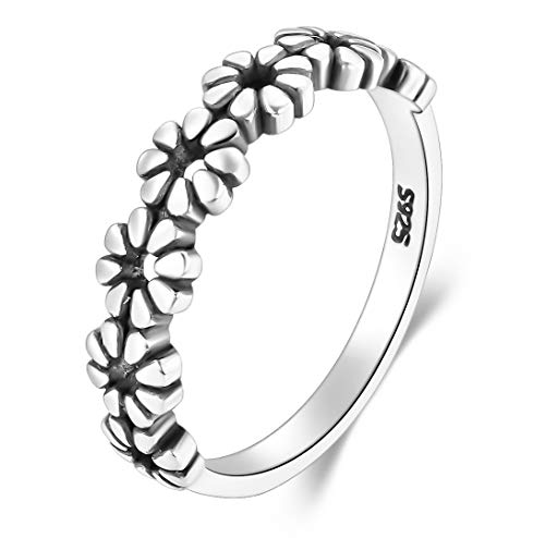 BORUO 925 Sterling Silver Ring, Daisy Flower Hawaiian High Polish Plain Dome Tarnish Resistant Comfort Fit Wedding Band Ring Size 8