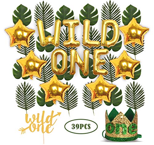 Wild One Birthday Decorations | 1st Baby Girl/Boy Birthday Party Hat Green Crown with Green Hair Band | 24 PCS Artificial Palm Leaves | 16" â€˜Wild Oneâ€™ Balloon | 6 pcs Star Balloon | Wild One Cake Topp