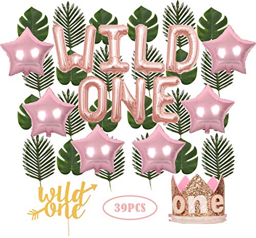 Book Cover Wild One Birthday Decorations | First Birthday Party Supplies | 1st Baby Girl Birthday Party Hat Pink Crown with Pink Hair Band | 24 PCS Artificial Palm Leaves | 16