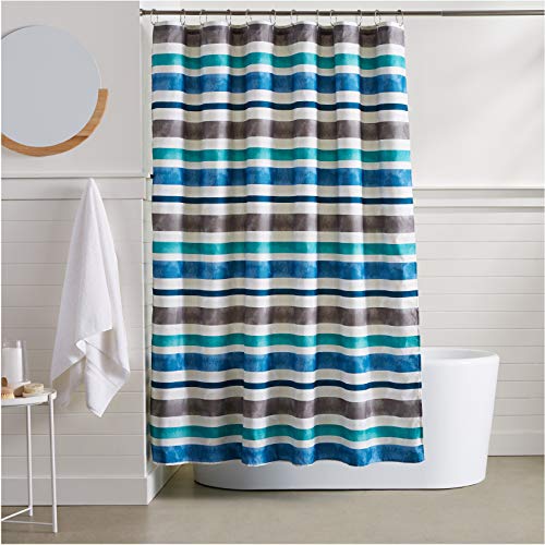Book Cover AmazonBasics Watercolor Striped Shower Curtain - 72 Inch, Blue