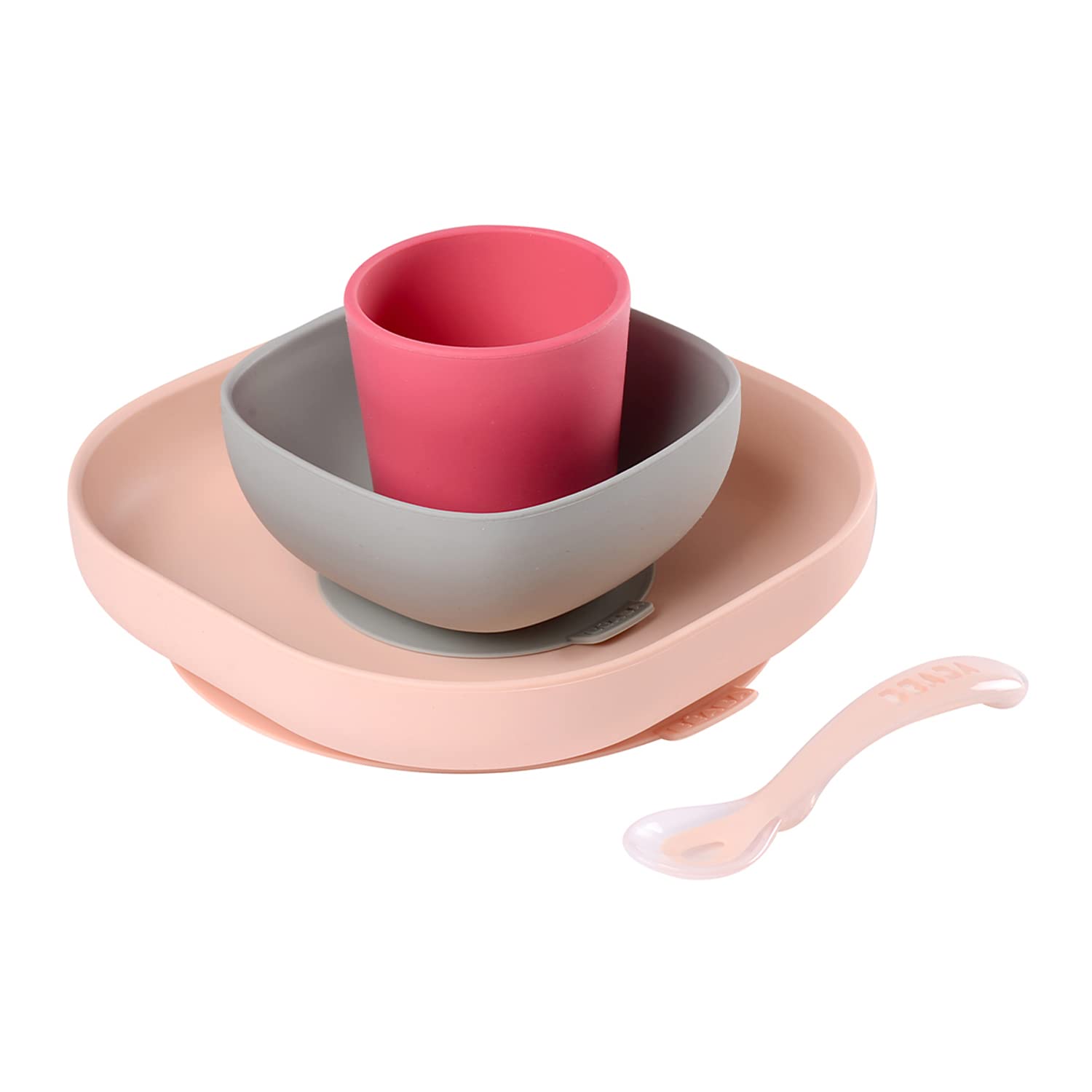 Book Cover BEABA Silicone 4-Piece Dishware - 100% Silicone Baby Plate Set, Baby Bowls - Includes Baby Plate, Baby Bowl, Baby Cup, 2nd Stage Silicone Spoon, (Rose)