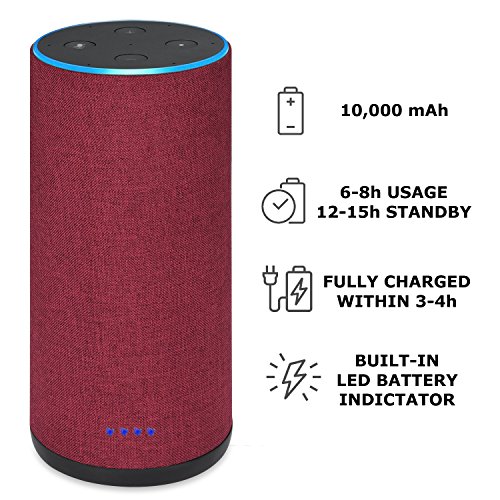 Book Cover Battery Base for Echo 2, Gorgeous Linen-Covered Portable Power Bank with 10,000mAh Capacity for up 8 Hours of Continuous Playtime for Echo 2nd Generation - by Wasserstein (Red Fabric Cover)