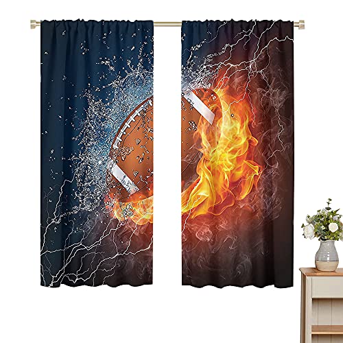 Sports Decor Collection Window Curtain Drape Football on Fire and Water Flame Splashing Thunder Lightning Abstract Print Decorative Curtains for Living Room 52"x63" Navy Orange Peru White