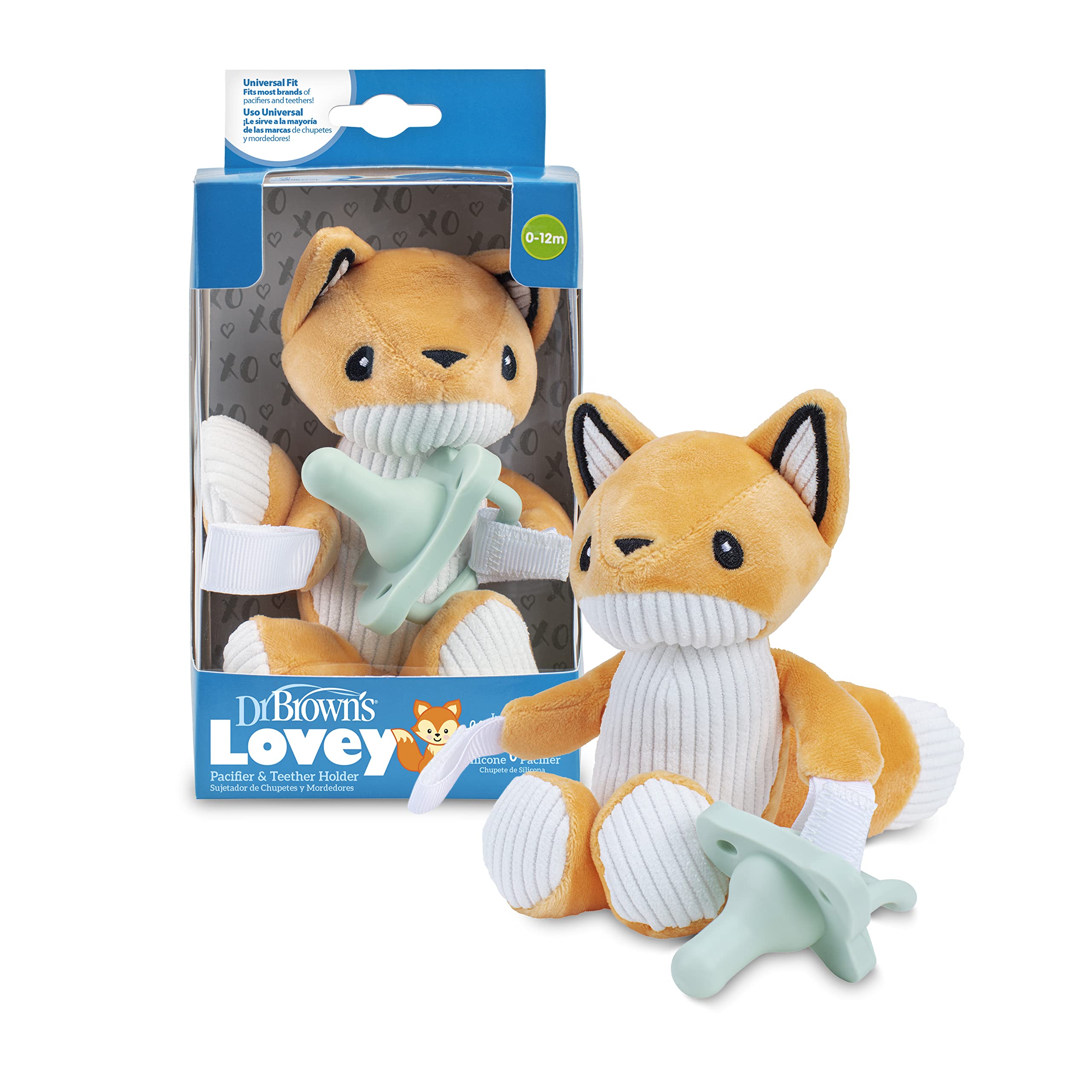 Book Cover Dr. Brown's Baby Lovey Pacifier & Teether Holder, Fox with Teal HappyPaci, 100% Silicone, 0-6m