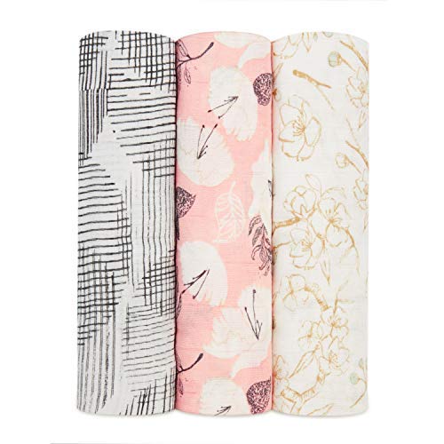 Aden + Anais Silky Soft Swaddle Baby Blanket, Viscose Bamboo Muslin, Large 47 X 47 inch, Pretty Petals, 3 - Pack