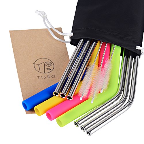 TISRO Mouth Safe Reusable Straws, 6 Metal+4 Silicone(BPA Free) Boba Drinking Straws, 3rd.Generation Anti-Scratch Stainless Steel Straws with Cleaning Brushes and Carry Bag.（Black）