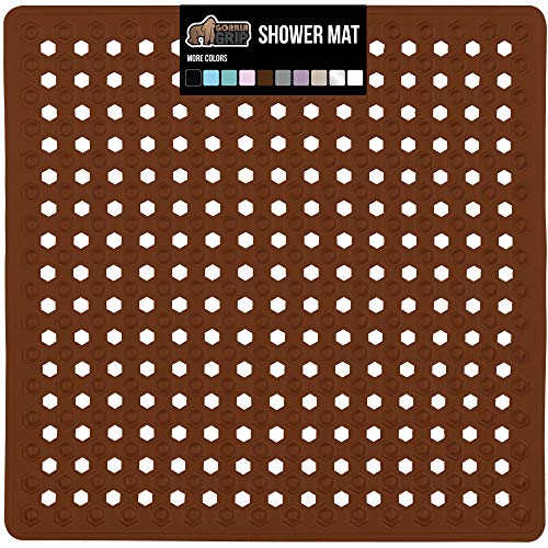 Book Cover Gorilla Grip Patented Shower and Bathtub Mat, 21x21, Small Square Shower Stall Floor Mats with Suction Cups and Drainage Holes, Machine Washable and Soft on Feet, Bathroom Accessories, Brown