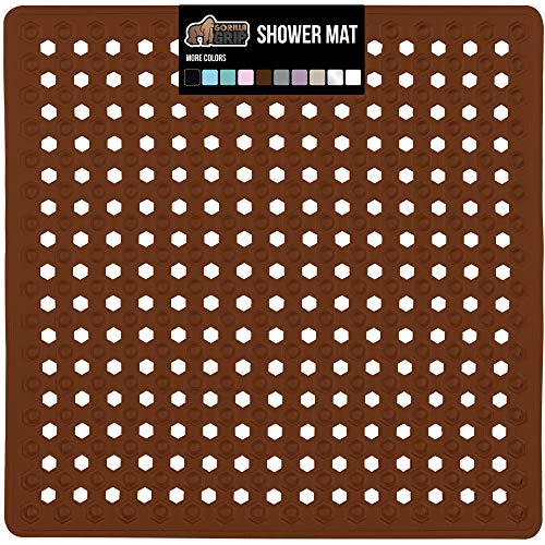 Gorilla Grip Patented Shower and Bathtub Mat, 21x21, Small Square Shower Stall Floor Mats with Suction Cups and Drainage Holes, Machine Washable and Soft on Feet, Bathroom Accessories, Brown