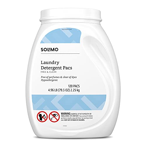 Book Cover Amazon Brand - Solimo Laundry Detergent Pacs, Free & Clear, Hypoallergenic, Free of Perfumes Clear of Dyes, 120 Count