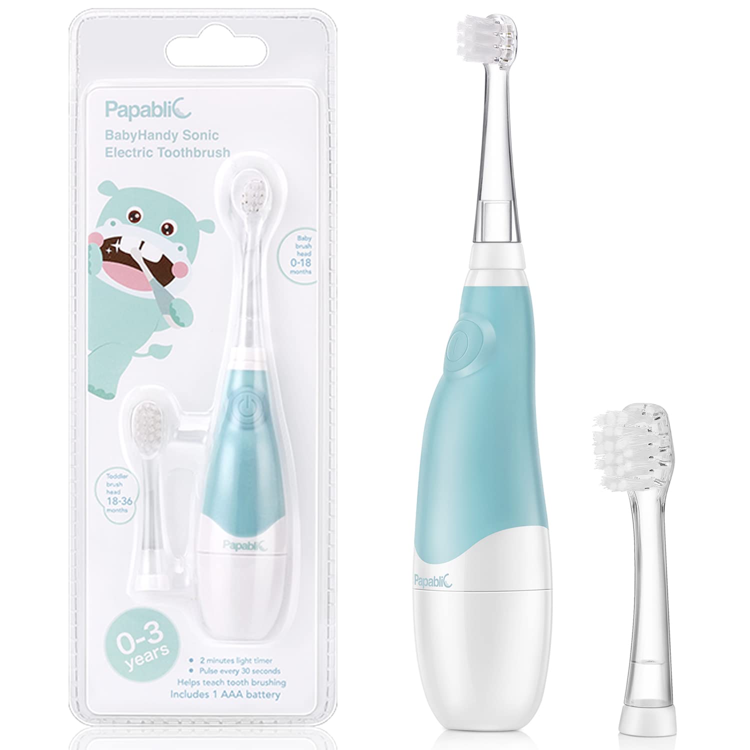 Book Cover Papablic BabyHandy 2-Stage Sonic Electric Toothbrush for Babies and Toddlers Ages 0-3 Years Mint Blue