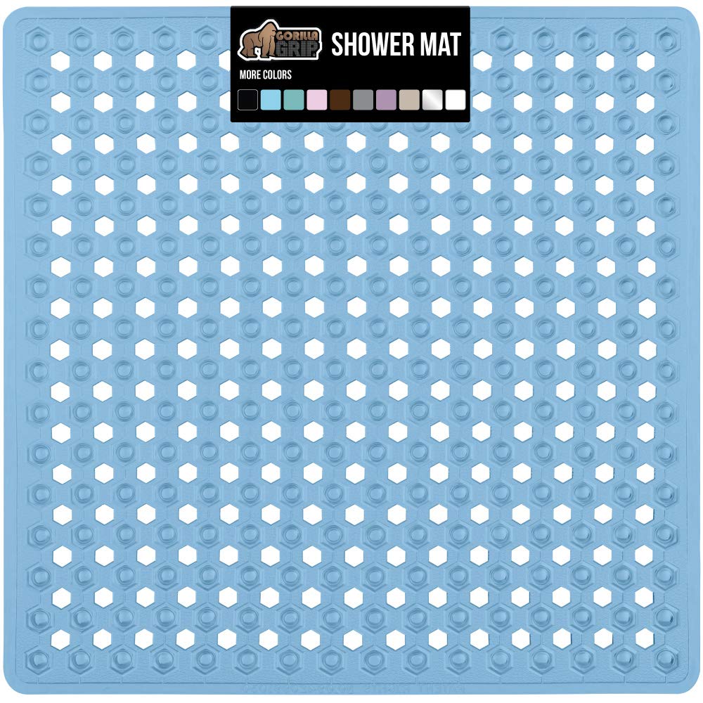 Book Cover Gorilla Grip Original Patented Shower Stall Mat, Bath Tub Mats, 21x21, Machine Washable, Antibacterial, BPA, Latex, Phthalate Free, Square Bathroom Mats with Drain Holes, Suction Cups, Blue Square (21