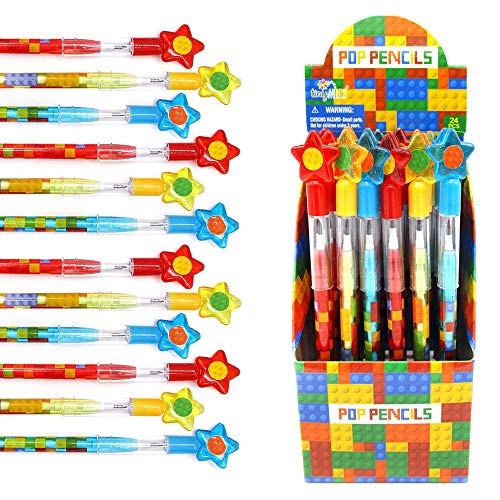 Tiny Mills 24 Pcs Building Blocks Brick Multi Point Stackable Push Pencil Assortment with Eraser for Brick Birthday Party Favor Prize Carnival Goodie Bag Stuffers Classroom Rewards Pinata Fillers