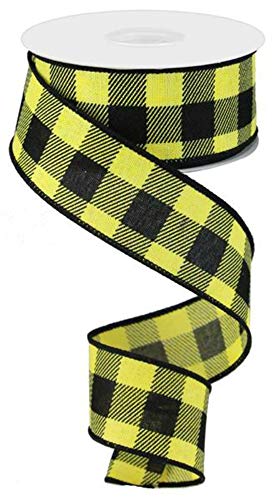 Plaid Check Wired Edge Ribbon - 10 Yards (Yellow, Black, 1.5")