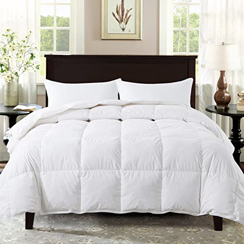 WhatsBedding White Queen Feather Comforter, Filled with Feather & Down - Medium Warmth All Season Feather Bed Comforter or Stand Alone Duvet Insert - 100% Cotton Cover -Queen 90x90 Inch
