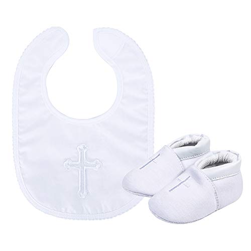 ESTAMICO Baby Boys' Premium Soft Sole Cross Christening Baptism Slipper Shoes with Embroidered Cross Bib, 2 Pack 6-12 Months