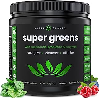 Book Cover Super Greens Powder Premium Superfood - 20+ Organic Green Veggie Whole Foods - Wheat Grass, Spirulina, Chlorella & More - Antioxidant, Digestive Enzyme & Probiotic Blends | Vegan Juice Supplement