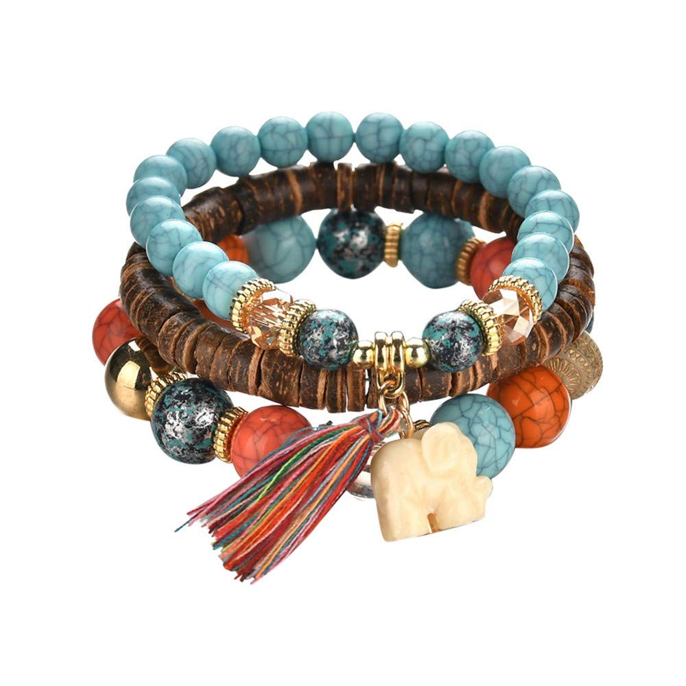 Hithop Bohemian Wood Beaded Bracelets & Bangles For Women Ethnic Tassel Elephant Multilayer Bracelet Charm Pulseiras Bijoux Candy Color Creative Gift Home Christmas Decor Clearance Blue