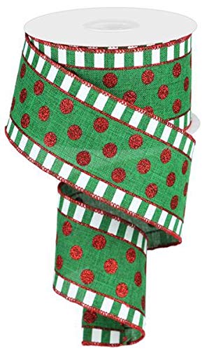 Glitter Stripes & Dots Wired Edge Ribbon - 2.5" x 10 Yards (Emerald, Red, White)