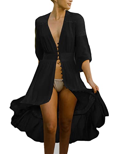 Bsubseach Women Sexy Lace Crochet Open Front Swimsuit Beach Long Kimono Cover Ups