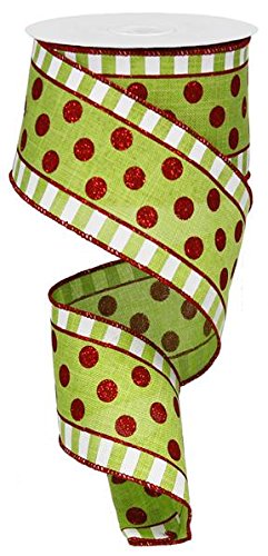 Glitter Stripes & Dots Wired Edge Ribbon - 2.5" x 10 Yards (Lime, Red, White)
