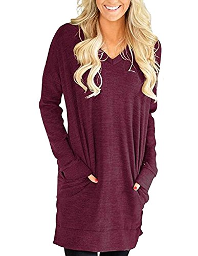 Buauty Womens Casual V-Neck Long Sleeves Sweatshirt Tunics Blouse Tops with Pocket