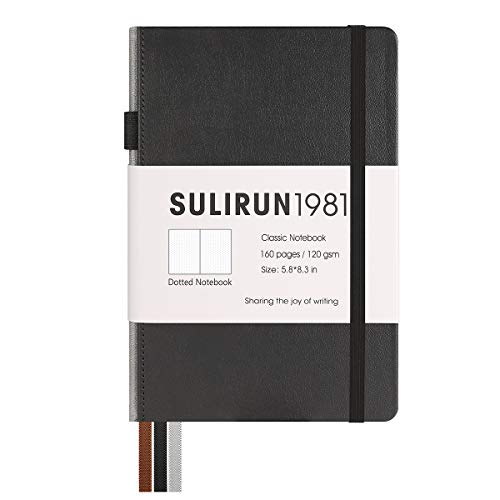 Dotted Bullet Grid Journal Notebook,Classic A5 PU Faux Leather Cover, Thick Paper With Inner Pocket,Suitable For School Office Supplies,5.8 X 8.3 Inches,160 Pages (Black, Dotted)