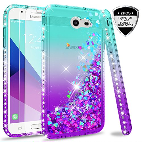 Galaxy J7 2017/ J7 V/ J7 Prime/ J7 Perx/ J7 Sky Pro/Halo Glitter Case (Not fit J7 2018) with Tempered Glass Screen Protector [2 Pack] for Girls Women, LeYi Liquid Case for Samsung J7V ZX Teal/Purple