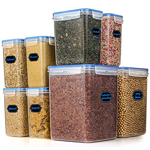 Food Storage Containers Hangoes Cereal & Dry Airtight Plastic Containers - Set of 8 Kitchen Containers 177.7 oz/ 54.7 oz with 1 Measuring Cup & 20 Chalkboard Labels & 1 Liquid Chalk Marker