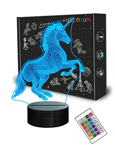 FULLOSUN Unicorn Bedside Lamp 3D Illusion Night Light,16 Colors Changing Remote Control Optical Light,Room Decor Unique Birthday for Girls Kids Toddler