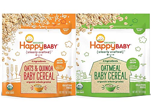 Happy Baby, Clearly Crafted Cereal (VARIETY PACK 2PK) - [Organic Whole Grain Oats and Quinoa] & [Organic Whole Grain Oatmeal], 7 Ounce, Organic Baby Cereal in a Resealable Pouch, with Iron to Support