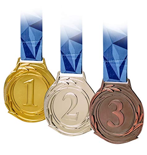 3 Piece Award Medals Set, Olympic Style Medal, Gold Silver Bronze. Made of Strong Premium Metal with V Neck Ribbon - Prize for Events, Classrooms, Office Games and Sports, 1st 2nd 3rd Place