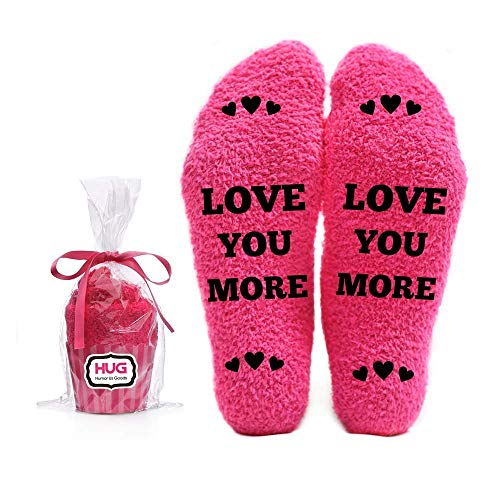 Love You More - Funny Socks - Cool Pink Fuzzy Novelty Cupcake Socks for Her - Best Gift Idea for Mom, Wife, Sister, Friend, Aunt or Grandma - Birthday, Christmas Stocking Stuffer - 1 Pair