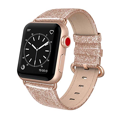 Book Cover SWEES Leather Band Compatible for iWatch 38mm 40mm, Genuine Leather Replacement Strap Rose Gold Buckle Compatible iWatch Series 6 5 4 3 2 1 Sports & Edition Women And Men, Glitter Rose Gold
