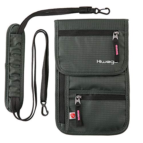 hiwego Travel Neck Pouch Hidden Passport Holder Wallet RFID Blocking/Neck Stash for Men Women (Dark Grey)