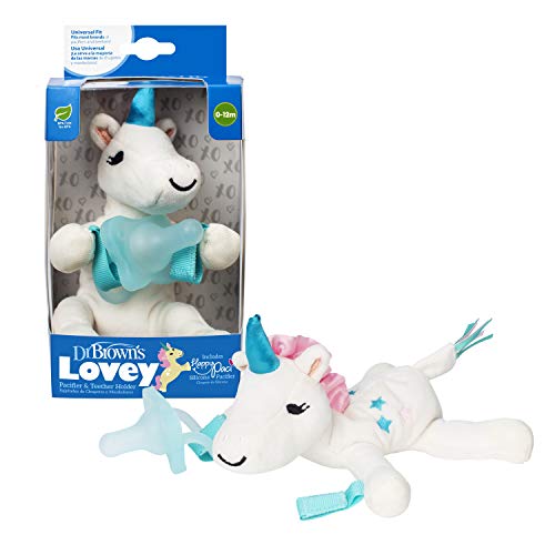 Book Cover Dr. Brown's Lovey Pacifier and Teether Holder, 0 Months+, Unicorn with Teal