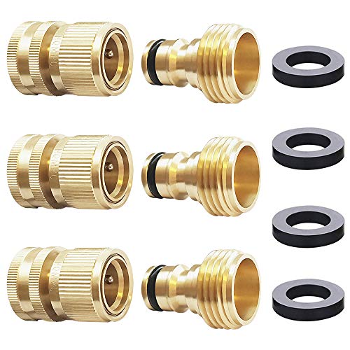 Book Cover HQMPC Garden Hose Quick Connect Solid Brass Quick Connector Garden Hose Fitting Water Hose Connectors 3/4 inch GHT (3 Sets)