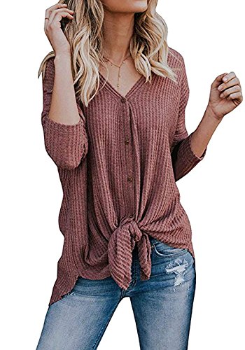 Chvity Womens Waffle Knit Tunic Blouse Tie Knot Henley Tops Loose Fitting Bat Wing Plain Shirts