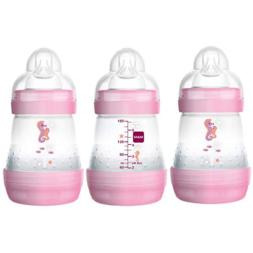 Book Cover MAM Easy Start Anti-Colic Bottle 5 oz (3-Count), Baby Essentials, Slow Flow Bottles with Silicone Nipples, Baby Bottles for Baby Girl, Pink