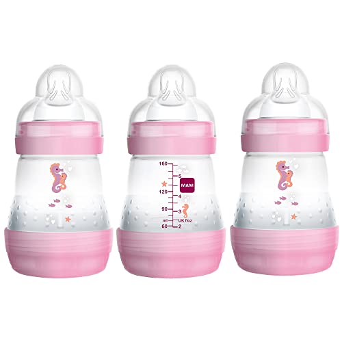 MAM Easy Start Anti-Colic Bottle 5 oz (3-Count), Baby Essentials, Slow Flow Bottles with Silicone Nipples, Baby Bottles for Baby Girl, Pink