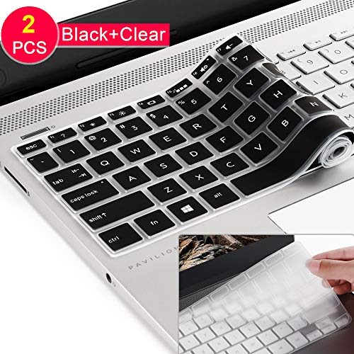 [2 Pack] Keyboard Cover Skin for 15.6 HP Pavilion X360 15-BR075NR 15M-BP012DX BP011DX BP111DX BP112DX 15M-BQ021DX BQ121DX, 15-BS020NR 15-BS020WM 15-BS013DX 15-BW011DX, HP Envy 17M (Clear+ Black)