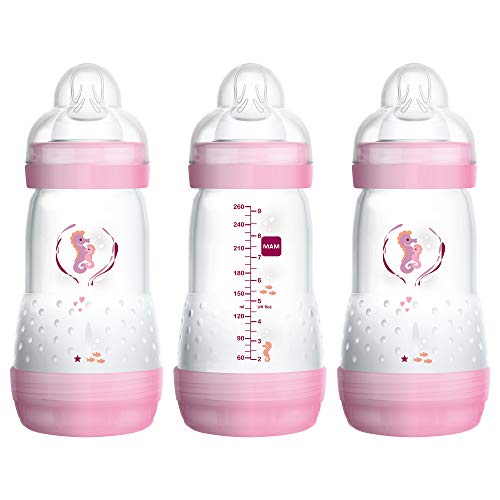 MAM Easy Start Anti-Colic Bottle 9 oz (3-Count), Baby Essentials, Medium Flow Bottles with Silicone Nipple, Baby Bottles for Baby Girl, Pink