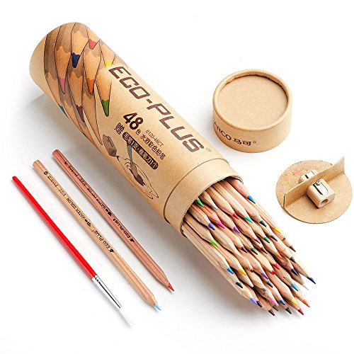 Marco Wooden Colored Pencils,48 Colors Natural Wood Pre-sharpened Pencils with Sharpener, Blending Pen for Adult Coloring