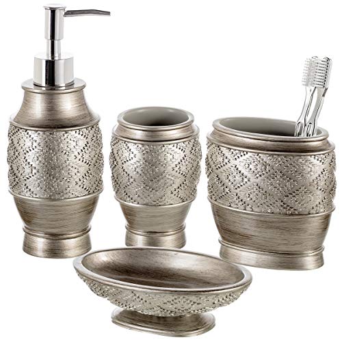 Book Cover Dublin 4-Piece Bathroom Accessories Set - Includes Decorative Countertop Soap Dispenser, Dish, Tumbler, Toothbrush Holder, Resin Vanity Ensemble Set, Gift Boxed (Brushed Silver)