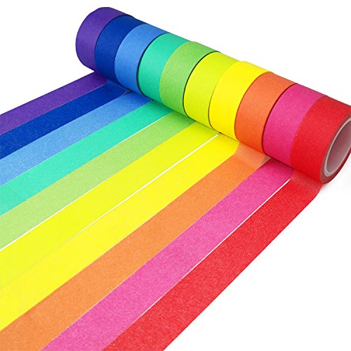 Piokio Multi Colored Masking Tape Rainbow Labelling Washi Tape Set of 10 Rolls for Scrapbook DIY Arts and Crafts