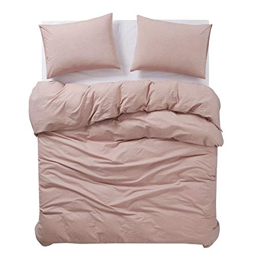 Wake In Cloud - Washed Cotton Duvet Cover Set, Yarn Dyed Plain Solid Color, Comfortable Bedding with Zipper Closure and Corner Ties (3pcs, Dusty Pink, Twin Size)